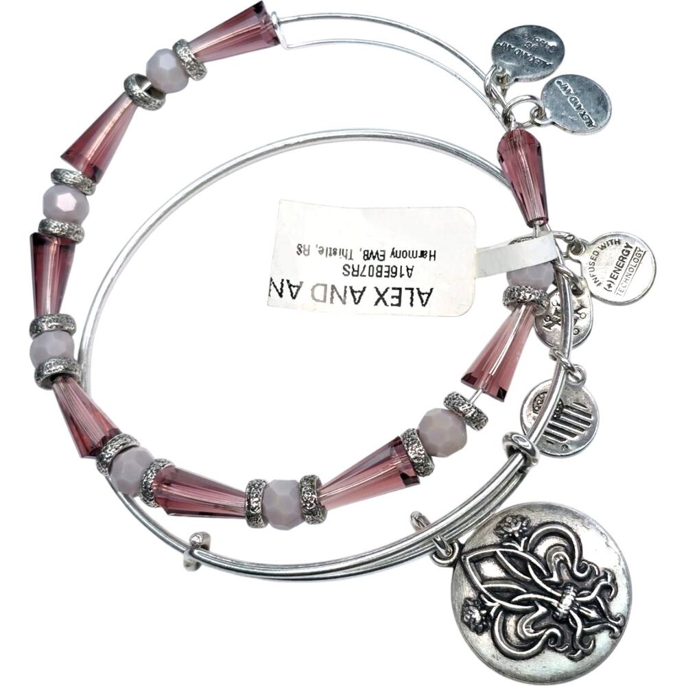 Alex and Ani Thistle Harmony Beaded Fleur De Lis Silver Tone Bangle Bracelets